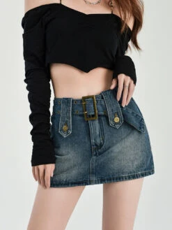 Faded Denim Skort Mini Skirt With Belt