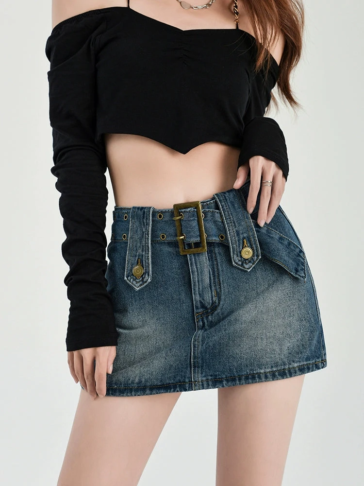 Faded Denim Skort Mini Skirt With Belt 1 Faded Denim Skort Mini Skirt With Belt