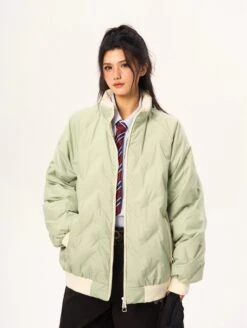 Contrast Trim Oversized Quilted Puffer Bomber Jacket