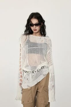 Distressed Knit Long Sleeve Sweater With Sheer Panels