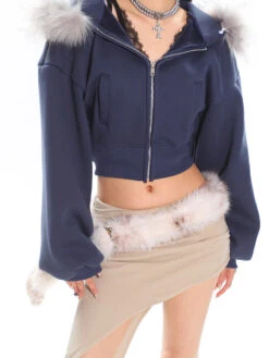 Cropped Faux Fur Hoodie Balloon Sleeves Jacket -Modern Wear Shop O1CN01vt2kV11iBnoSH5Y6U 2201256844375