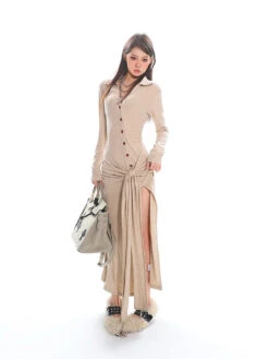Button Up Long Sleeve Knotted Maxi Dress With Slit 18 Button Up Long Sleeve Knotted Maxi Dress With Slit -Modern Wear Shop O1CN01y1ZwwX1iBnoti43w4 2201256844375