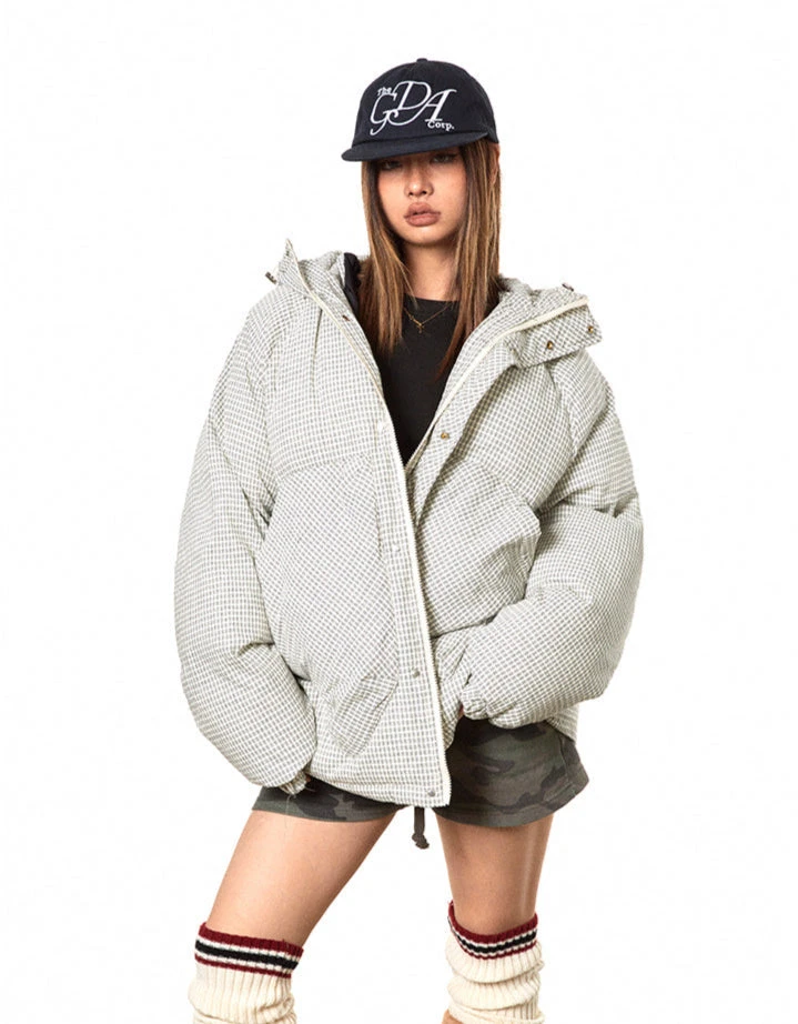 Oversized Plaid Puffer Hooded Jacket With Pockets 1 Oversized Plaid Puffer Hooded Jacket With Pockets