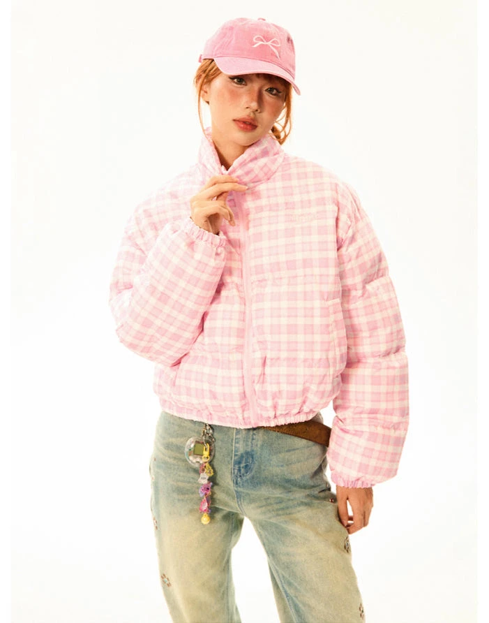 Plaid Quilted High Collar Mid Crop Puffer Jacket 13 Plaid Quilted High Collar Mid Crop Puffer Jacket - Image 13