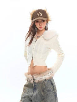 Faux Fur Hoodie Cable Knit Cropped Zip Jacket -Modern Wear Shop O1CN01zHISkF1iBnnbzGi0j 2201256844375
