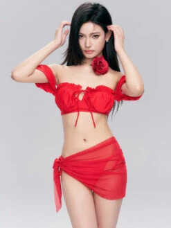 Ruffled Off-Shoulder Bikini Set With Sheer Sarong Wrap