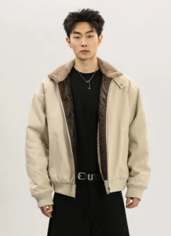 Faux Fur Lined Bomber Jacket With Snakeskin Detail