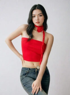 One-Shoulder Ruffled Crop Top With Rose Neck Detail -Modern Wear Shop Qe0 9vlVK6UR75p5