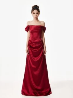 Off-Shoulder Satin Draped Corset Evening Dress 12 Off-Shoulder Satin Draped Corset Evening Dress -Modern Wear Shop Red Satin Corset Evening Dress 2867