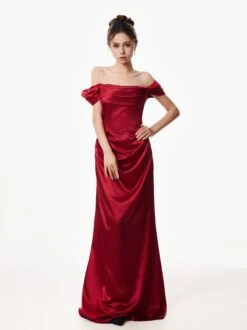 Off-Shoulder Satin Draped Corset Evening Dress 10 Off-Shoulder Satin Draped Corset Evening Dress -Modern Wear Shop Red Satin Corset Evening Dress 2899