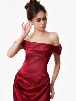 Off-Shoulder Satin Draped Corset Evening Dress 13 Off-Shoulder Satin Draped Corset Evening Dress -Modern Wear Shop Red Satin Corset Evening Dress 2929