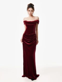 Off-Shoulder Velvet Draped Corset Evening Dress