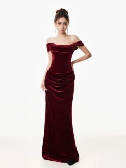 Off-Shoulder Velvet Draped Corset Evening Dress -Modern Wear Shop Red Velvet Corset Evening Dress 2968
