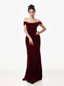 Off-Shoulder Velvet Draped Corset Evening Dress -Modern Wear Shop Red Velvet Corset Evening Dress 2980