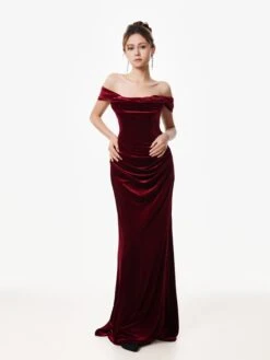 Off-Shoulder Velvet Draped Corset Evening Dress -Modern Wear Shop Red Velvet Corset Evening Dress 2981