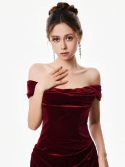 Off-Shoulder Velvet Draped Corset Evening Dress -Modern Wear Shop Red Velvet Corset Evening Dress 3008