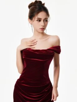 Off-Shoulder Velvet Draped Corset Evening Dress -Modern Wear Shop Red Velvet Corset Evening Dress 3010