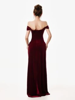 Off-Shoulder Velvet Draped Corset Evening Dress -Modern Wear Shop Red Velvet Corset Evening Dress 3016