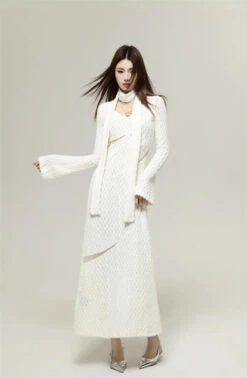 Textured Long Sleeve Mesh Cutout Maxi Sweater Dress With Scarf -Modern Wear Shop S0a531446f9f542d48179cb0613245a0a5