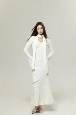 Textured Long Sleeve Mesh Cutout Maxi Sweater Dress With Scarf -Modern Wear Shop S63b8826f477c4eb5b7d1b444f4868842a