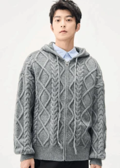 Cable Knit Hooded Zip Jacket With Pockets