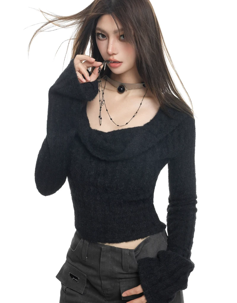 Fuzzy Cowl Neck Long Sleeve Knit Crop Top 2 Fuzzy Cowl Neck Long Sleeve Knit Crop Top - Image 2