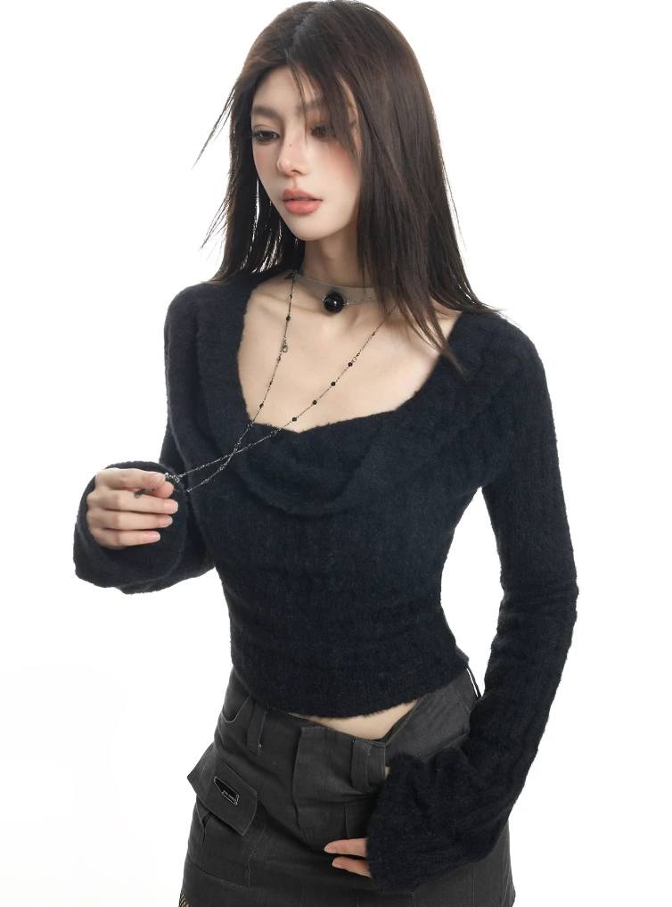 Fuzzy Cowl Neck Long Sleeve Knit Crop Top 3 Fuzzy Cowl Neck Long Sleeve Knit Crop Top - Image 3