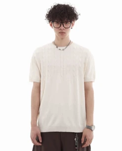 Cable-Knit Detail Ribbed Trim Short Sleeve Top