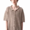 Open Knit Button Down Short Sleeve Shirt With Collar