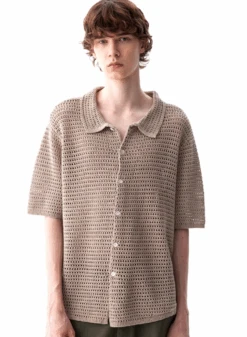 Open Knit Button Down Short Sleeve Shirt With Collar