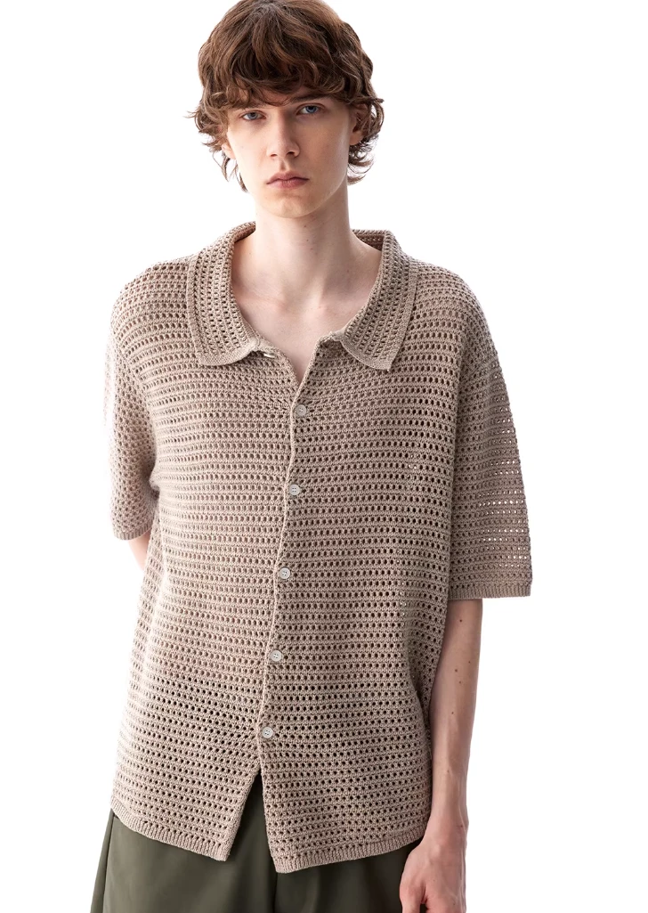 Open Knit Button Down Short Sleeve Shirt With Collar 2 Open Knit Button Down Short Sleeve Shirt With Collar - Image 2