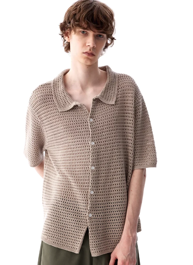 Open Knit Button Down Short Sleeve Shirt With Collar 3 Open Knit Button Down Short Sleeve Shirt With Collar - Image 3