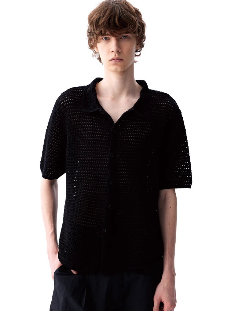 Open Knit Button Down Short Sleeve Shirt With Collar 6 Open Knit Button Down Short Sleeve Shirt With Collar - Image 6