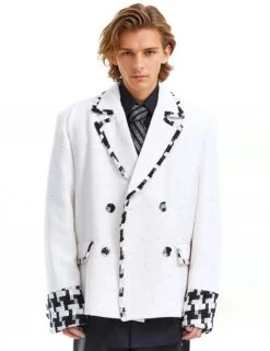 Oversized Blazer Jacket With Contrast Tweed Trim Details