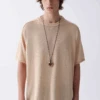 Ribbed Collar Textured Knit Drop Shoulder Tee