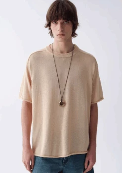 Ribbed Collar Textured Knit Drop Shoulder Tee