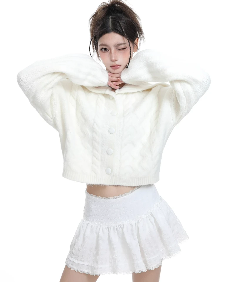 Textured Knit Short Button Cardigan With Sailor Collar 4 Textured Knit Short Button Cardigan With Sailor Collar - Image 4