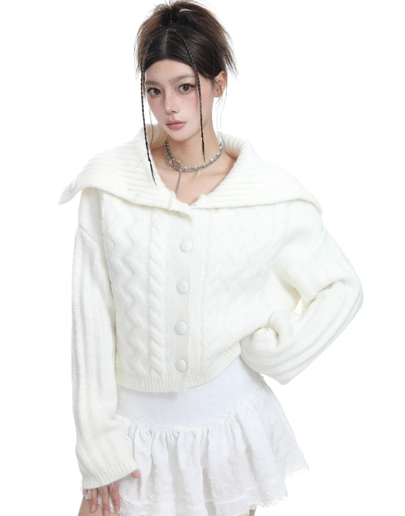 Textured Knit Short Button Cardigan With Sailor Collar 3 Textured Knit Short Button Cardigan With Sailor Collar - Image 3