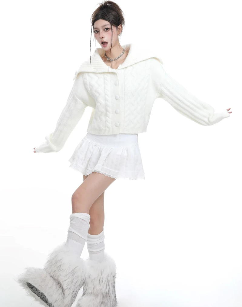 Textured Knit Short Button Cardigan With Sailor Collar 6 Textured Knit Short Button Cardigan With Sailor Collar - Image 6