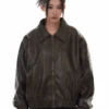 Oversized Drop Shoulder Faux Leather Zip Jacket