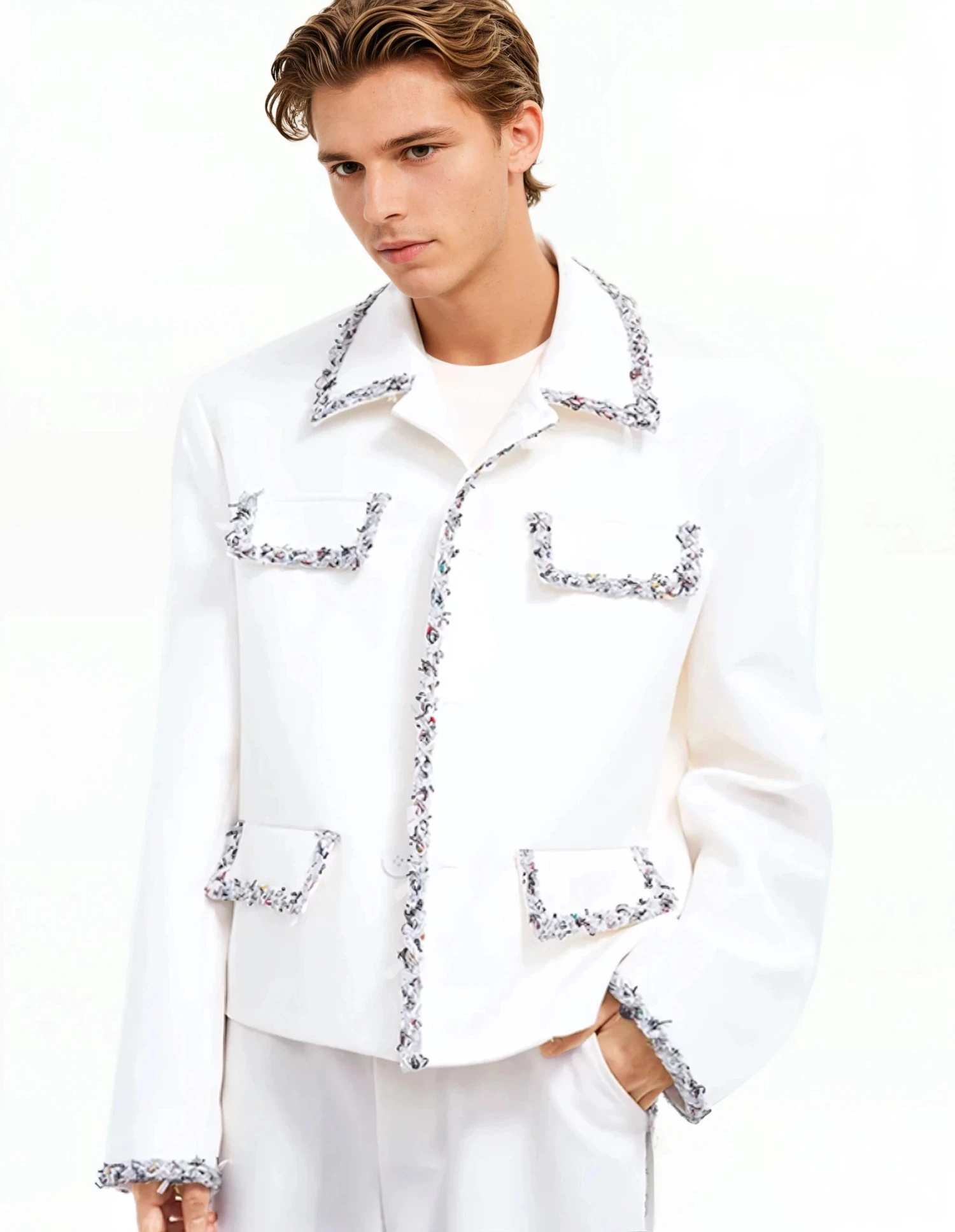 Boxy Cropped Blazer Jacket With Contrast Tweed Trim 2 Boxy Cropped Blazer Jacket With Contrast Tweed Trim - Image 2