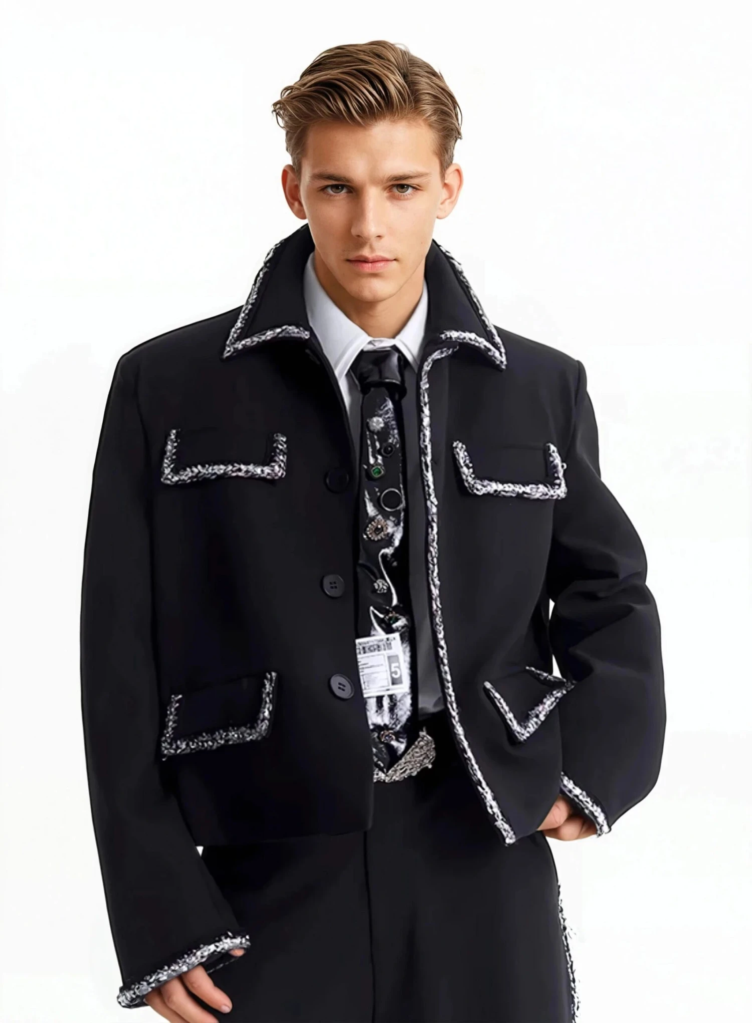 Boxy Cropped Blazer Jacket With Contrast Tweed Trim 6 Boxy Cropped Blazer Jacket With Contrast Tweed Trim - Image 6