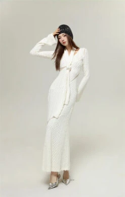 Textured Long Sleeve Mesh Cutout Maxi Sweater Dress With Scarf