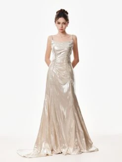 Metallic Satin Spaghetti Strap Ruched Gown