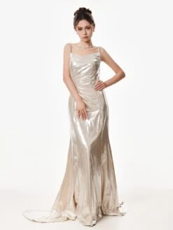 Metallic Satin Spaghetti Strap Ruched Gown -Modern Wear Shop Silver Metallic Evening Dress 2401