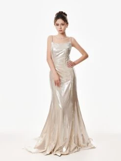 Metallic Satin Spaghetti Strap Ruched Gown -Modern Wear Shop Silver Metallic Evening Dress 2408