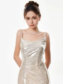 Metallic Satin Spaghetti Strap Ruched Gown -Modern Wear Shop Silver Metallic Evening Dress 2458