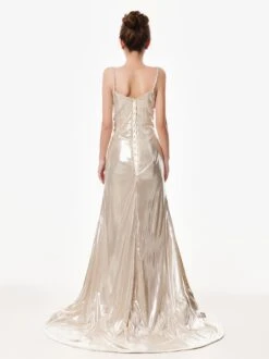 Metallic Satin Spaghetti Strap Ruched Gown -Modern Wear Shop Silver Metallic Evening Dress 2461