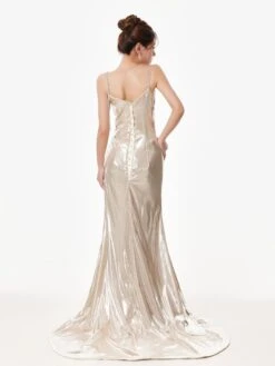 Metallic Satin Spaghetti Strap Ruched Gown -Modern Wear Shop Silver Metallic Evening Dress 2464