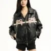 Faux Leather Jacket With Embroidered Ribbon Bow Detail